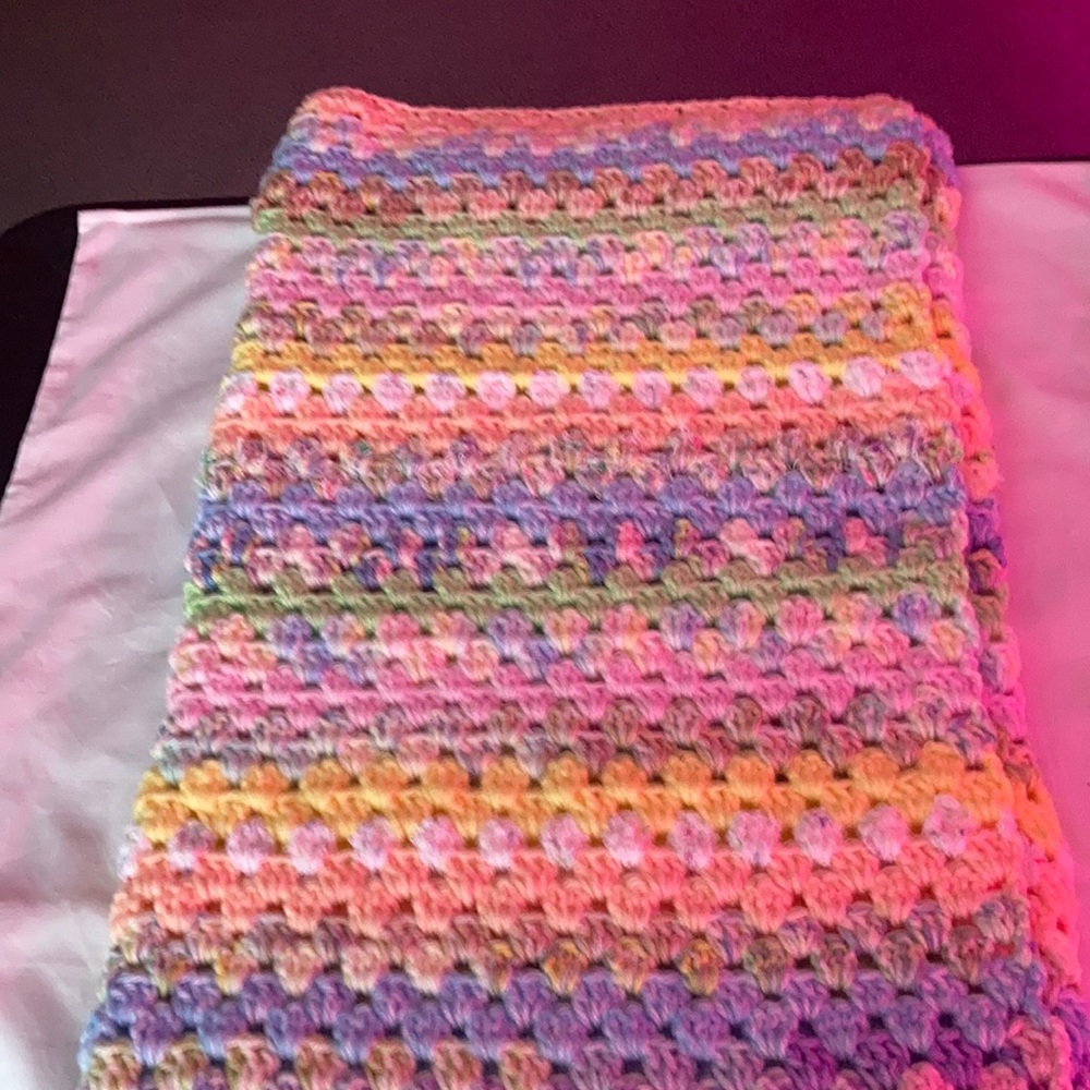 Hand crochet baby blanket colors blue, pink, white, yellow, peach, off white